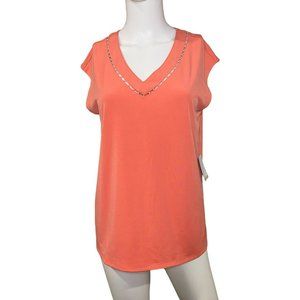 NWT Carmen by Carmen Marc Valvo Peach Top‎ V Neck with Pearl Detail Medium